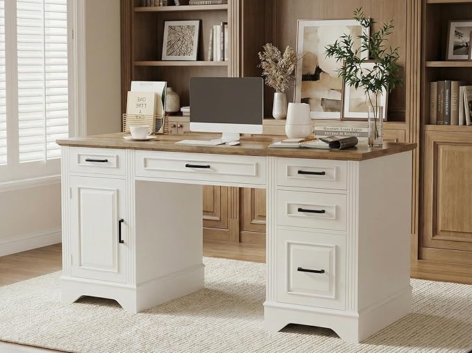 Garvee Farmhouse Executive Office Desk Set – 58 Spacious Wooden Computer Table with File Drawer Storage Cabinet – Ideal for Home Office Study Bedroom or Game Room – Modern Living Room Furniture –