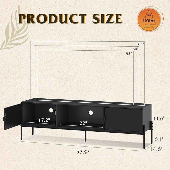 WLIVE TV Stand for 65 Inch TV Mid Century Modern Entainment Center with 2 Storage Cabinets &amp Open Shelf TV Console Table Media with Metal Legs for Living Room Bedroom Black