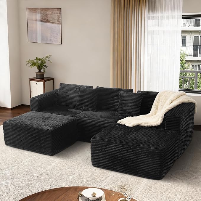 110 Boneless Couch with 2 Ottomans Corduroy U-Shaped Modular Cloud Sofa with Deep Seats Ergonomic Memory Foam Couches for Living Room No Assembly Sectional Sofas 5 Seater Black