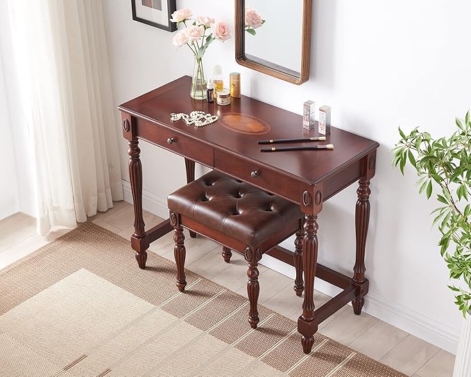 Solid Wood Computer Writing Desk with 2 Big Drawers 39.4 Wide Home Office Desk Workstation Small Rustic Study Table Furniture in Cherry for Home Office Bedroom Living Room SSZ-1533WD