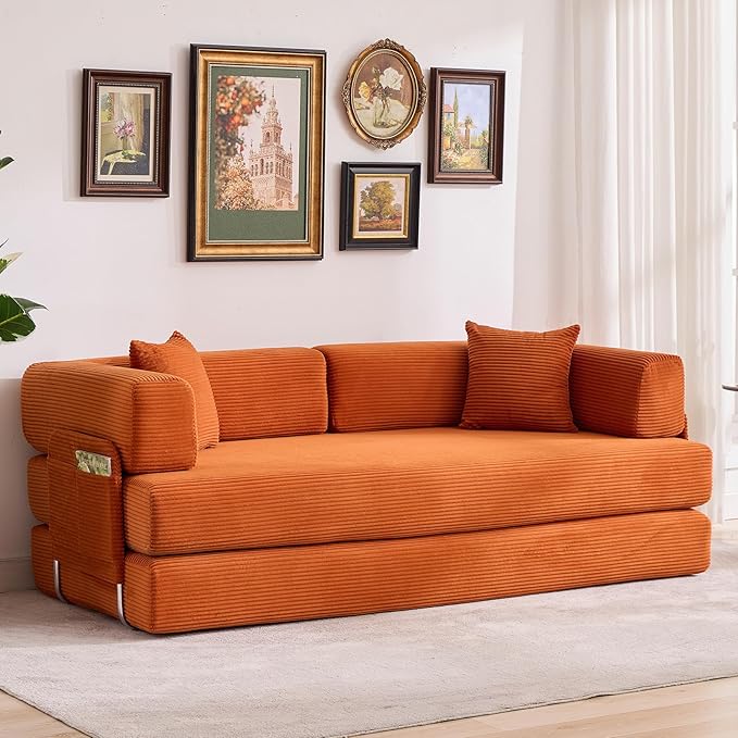 Garvee 5-in-1 Convertible Sofa Bed 78.8 Modular Corduroy Sleeper with Sturdy Frame &amp No Assembly Multi-Functional Futon for Small Space Living Room &amp Guest Room (Green) (Orange)