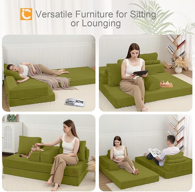 COMAX Convertible Sofa Bed Folding Floor Couch Corduroy Fold Out Couch Bed Futon Sleeper Mattress with Pillows Boneless Sofa Comfy Lounge Loveseat for Living Room Bedroom Light Green