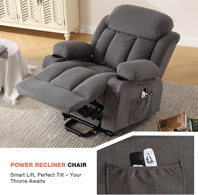 Power Lift Recliner Chair for Elderly with Vibration Massage and Lumbar Heating Electric Lift Recliner Single Sofa with Side Pocket Two Cup Holders and USB Charge Port for Living Room