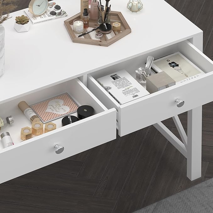 WiberWi Home Office Desk with Drawers White Modern Writing Computer Desk Small Makeup Vanity Table for Bedroom Study Table for Home Office