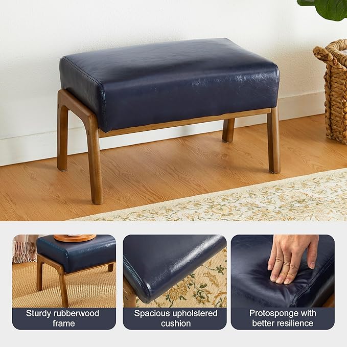 Glitzhome Accent Chair and Foot Stool Set Leatherette Armchair with Walnut Rubberwood Legs and High Back Footrest Ottoman for Living Room Lounge Navy Blue