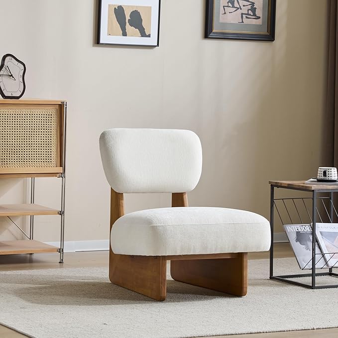 GDFStudio Upholstered Armless Accent Chairs Set of 2 Modern Side Chair Minimalist Leisure Chair with Backrest Beige Cusion for Living Room Bedroom Reading Room Natural Slid Wood Base