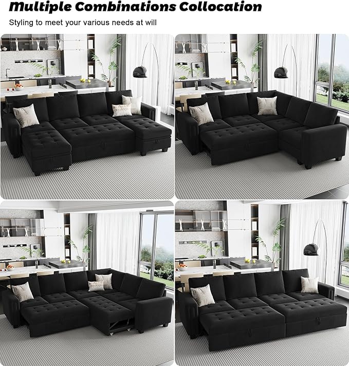 Belffin Pull Out Sofa Bed Module Part for Modular Sectional Sleeper Sofa Armless Loveseat with Pull Out Bed for Sectional Couch Black