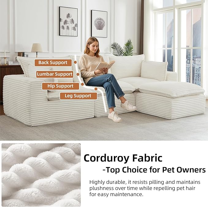 110 Inch Modular Sectional Sofa - Cloud Sectional Couch with OttomanCorduroy Boneless Couches with Deep SeatModern Sponge Compressed Couches for Living Room (White 4 Seat -L Shape Couch)
