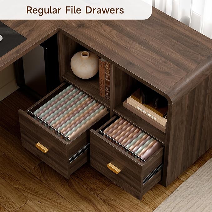 ONBRILL 58 Executive L Shaped Desk Home Office Desk with File Drawers Computer Desk with Power Outlets and Storage Shelves Corner Computer for Home Office (Walnut)