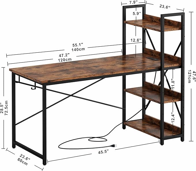 IRONCK Computer Desk 55 with Power Outlet and Storage Shelves Study Writing Table with USB Ports Charging Station PC Desk Workstation for Home Office Rustic Brown