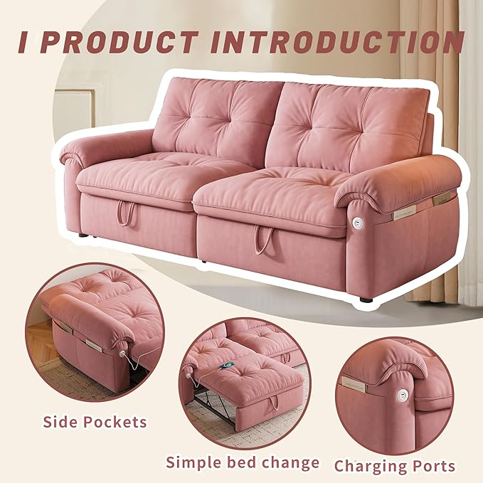 78'' Convertible Sofa Bed 2-in-1 Velvet Sleeper Sofa for Small Spaces Modern Loveseat &amp Guest Bed Apartment &amp Dorm Furniture Pink