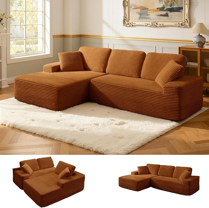 109.4” Modular Sectional Sofa Convertible Sofa Bed No Assembly Required Cloud Couch with Deep Seat Modern L-Shaped Boneless Sofa for Living Room (Orange)