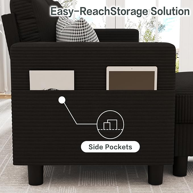 JY QAQA Convertible Sectional Sofa Couch with 3-Seat Sofa L-Shaped Ottoman Couch with Modern Linen Fabric for Small Living Room Apartment and Small Space(Black)