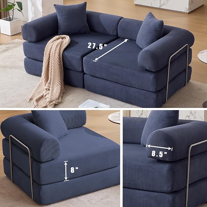 73 Convertible Modular Folding Sofa Bed 5-in-1 DIY Combination Fold Out Sleeper Sofa Bed Loveseat sleeper Couch with Removable Armrests Corduroy Floor Couch Small couches for small spaces Blue