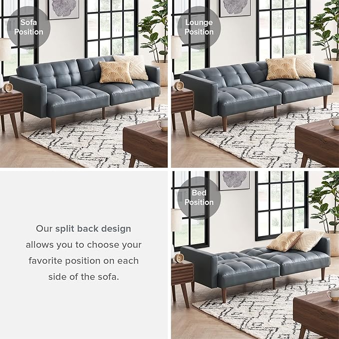 mopio Aaron 76.8 Couch Small Futon Sofa Bed Sleeper Loveseat Mid Century Modern Futon Couch Sofa Cama Couches for Living Room Bedroom (Cloud Gray Faux Leather)