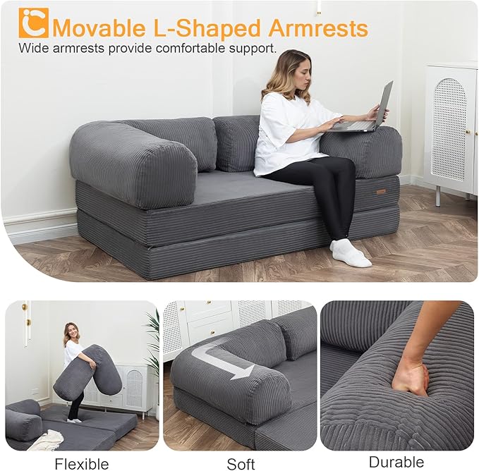 COMAX Futon Sofa Bed 4-in-1 Floor Foldable Sofa Couch Bed Queen with L-Shaped Armrests Convertible Folding Chair Bed Sleeper Mattress Fold Out Comfy Lounge for Living Room Bedroom Grey