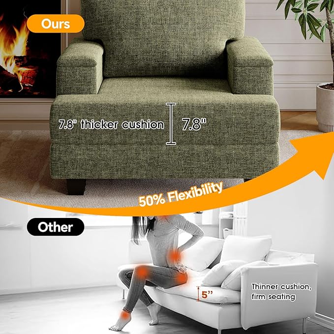 Oversized Accent Chair with Armrest OrganizerComfy Living Room Chairs with 7.8'' CushionUpholstered Mid-Century ArmchairLarge Reading Chair for Bedroom Living RoomOfficeChenilleGreen