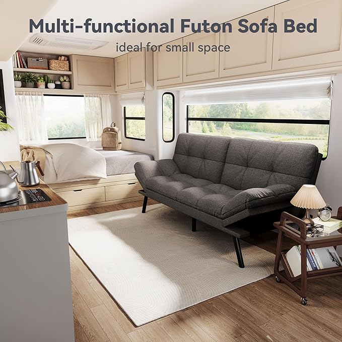 Convertible Futon Sofa BedLinen Futon Couch with Detachable CushionAdjustable Backrest &amp ArmrestModern Small Loveseat Sleeper Recliner for Living RoomOfficeApartmentDark Grey