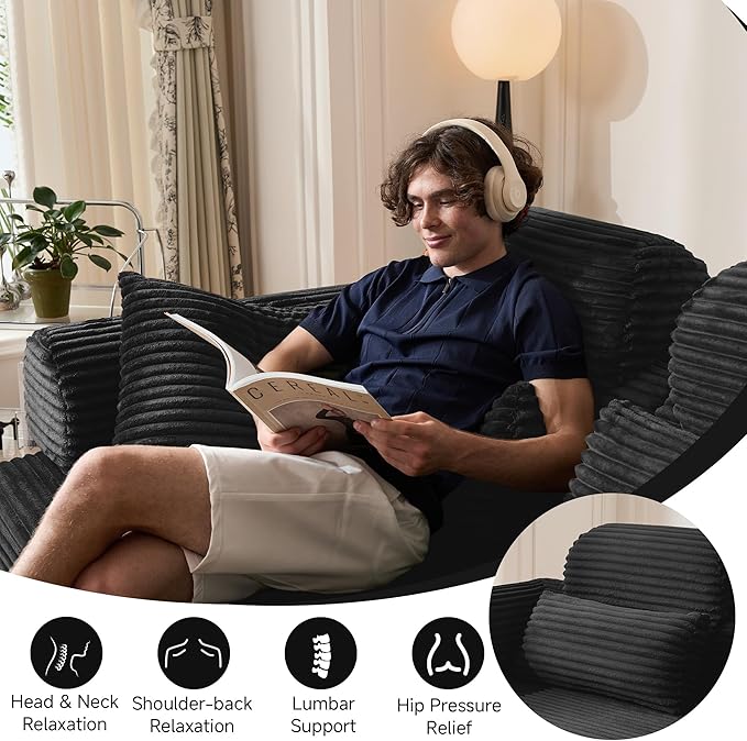 79 Sofa Bed Deep Seat 32 Sleeper Sofa 5-in-1 Convertible Sofa Bed Boneless Couch in a Box Corduroy Floor Futon with Thickened backrest and Headrest Pillows Side Pockets Black