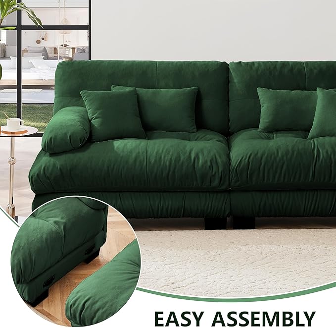 Modular Sectional Sofa 3 Seater Cloud Couch with Ottoman L Shaped Deep Seat Sofas Sectional Couch for Living Room Comfy Chenille Modular Sofa Set with Throw Pillows Modern Sleeper Couchs Green