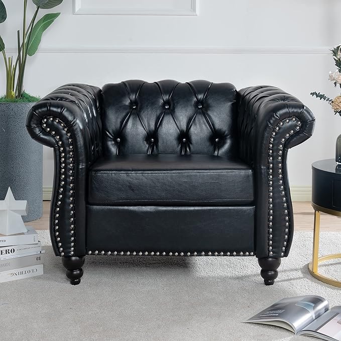 39 Chesterfield Fabric Single Sofa FurnitureUpholstered Sofa with Tufted BackRoll Arm Classic Chesterfield Settee Couches for Living RoomOffice (Black + PU)