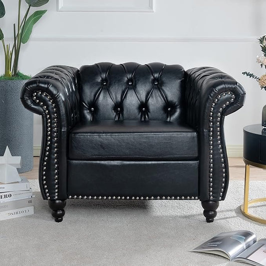 39 Chesterfield Fabric Single Sofa FurnitureUpholstered Sofa with Tufted BackRoll Arm Classic Chesterfield Settee Couches for Living RoomOffice (Black + PU)