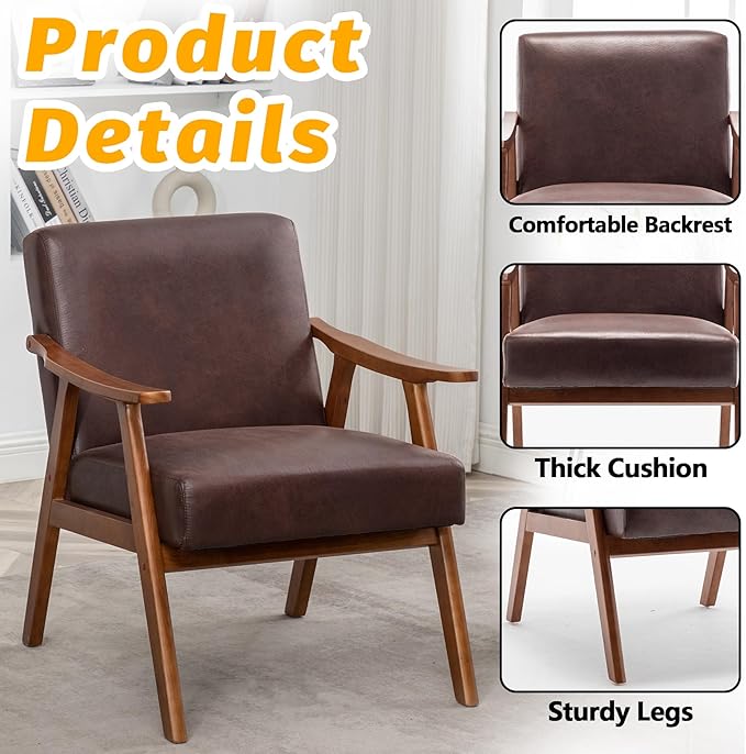 Mid Century Modern Accent Chair Upholstered Armchair Comfy with Wood Legs Siting Chair with Soft Cushion PU Leather Side Chairs for Living Room Bedroom Office (Microfiber Dark Brown)
