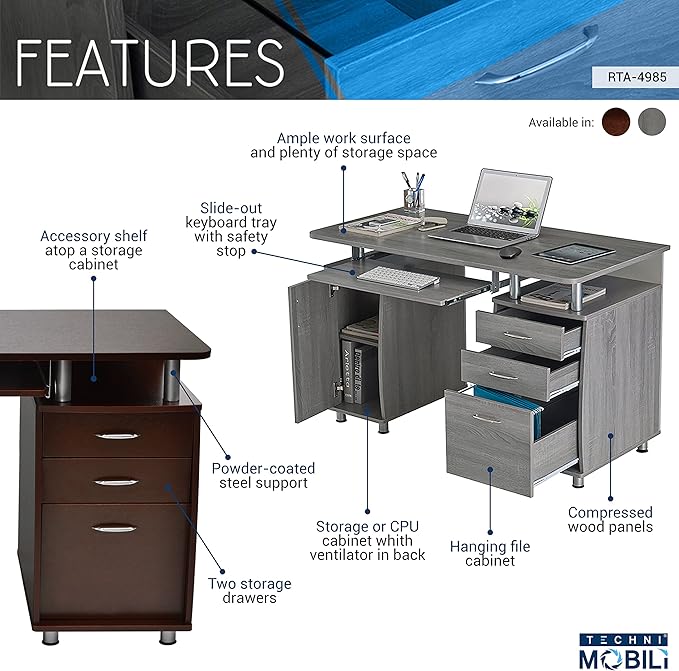 47.5'' Computer Desk with File Cabinet and Drawers Storage Cabinet with Removable Shelf and Ventilation for CPU Home Office Desk or Computer Workstation with Keyboard Tray Grey