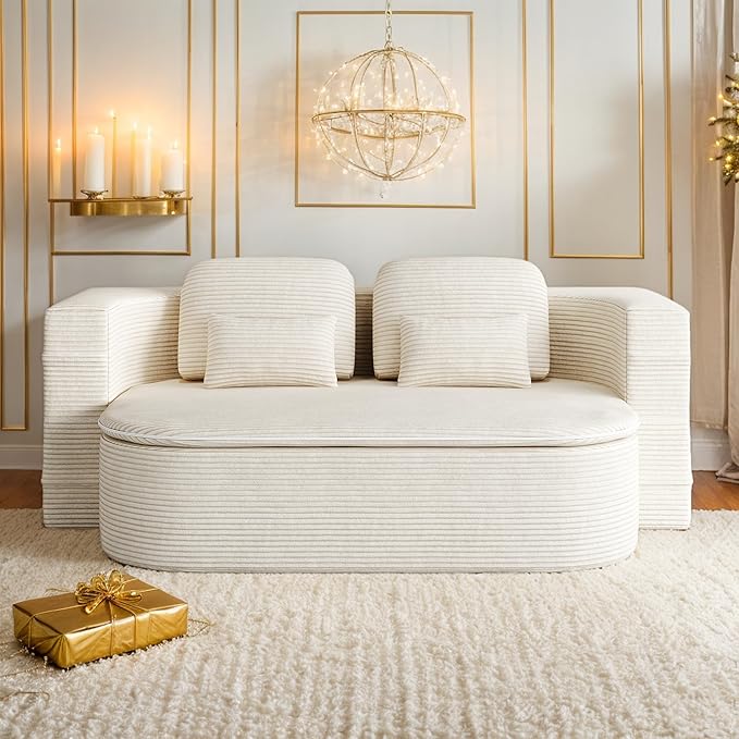 75'' Corduroy Foldable Full Size Boneless Couch Bed 2-in-1 Convertible Sleeper Compression Loveseat Sofa with Pillow No Assembly Memory Foam Floor Folding Couch for Living Room (Beige) | 2-in-1 Pi