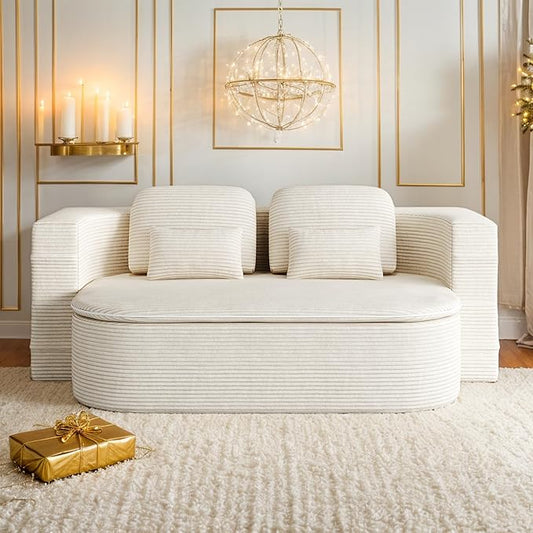 75'' Corduroy Foldable Full Size Boneless Couch Bed 2-in-1 Convertible Sleeper Compression Loveseat Sofa with Pillow No Assembly Memory Foam Floor Folding Couch for Living Room (Beige) | 2-in-1 Pi