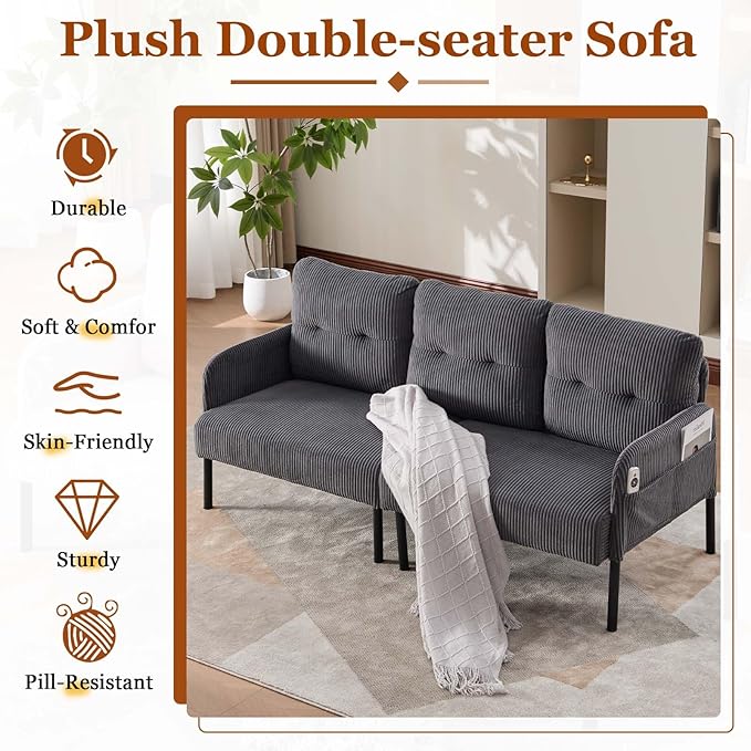 Loveseat Sofa 67” Small Sofa Couch for Living Room Comfy Corduroy Fabric Love Seat for Bedroom with Throw PillowRemovable Cushion CoverCouches for Small SpaceApartmentDorm (Gray)