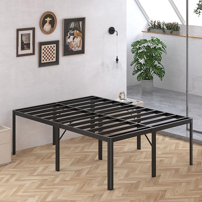 24 Inch High King Bed Frame with Rounded Corner Heavy Duty Metal Bed Frame King Under-Bed Storage Space No Box Spring Needed Noise Free Easy Assembly Black