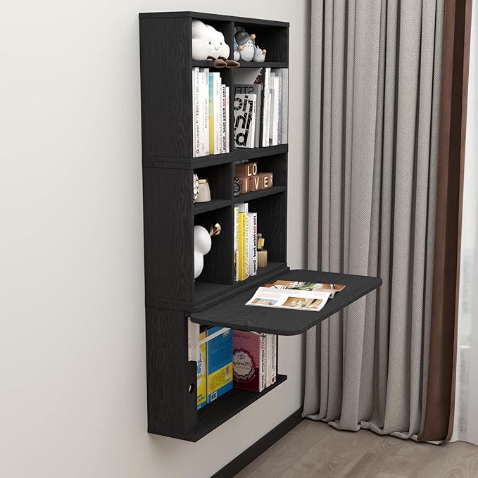 Floating Desk with Storage Shelves 82'' Wall Mounted Desk Laptop Writing Study Table Folding Drop Leaf Table Multifunctional Computer Workstation for Narrow Small Space