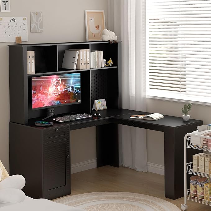 L Shaped Office Desk with Storage Drawers and Bookshelf Corner Computer Desk with Hutch and Charging Station Black