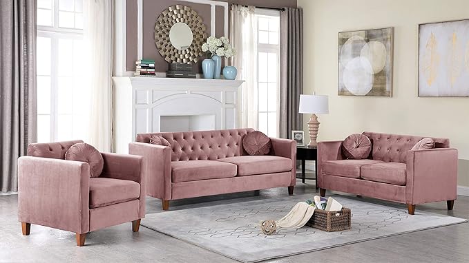 Persaud Living Room Chair with Classic Chesterfield Velvet Upholstery Ideal for Home Apartment and Office Chair Salmon