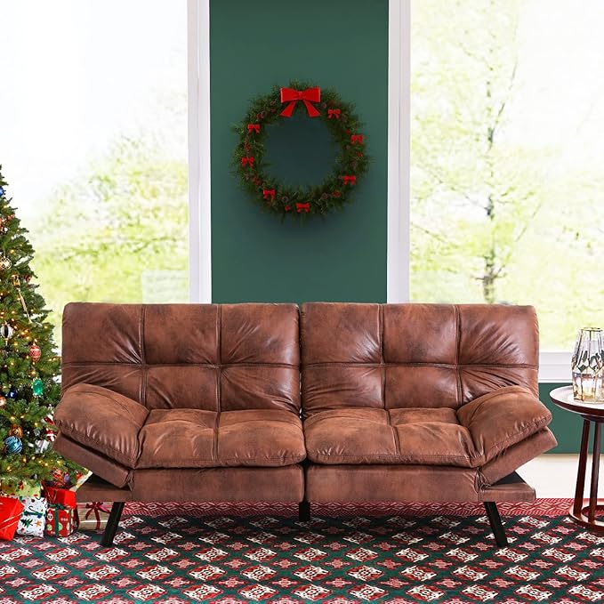 Vyfipt Futon Sofa Bed/Couch Memory Foam Small Splitback Sofa for Living RoomModern Loveseat with Covertible ArmrestsFaux Leather/Cushion Thicker Version(Brown)