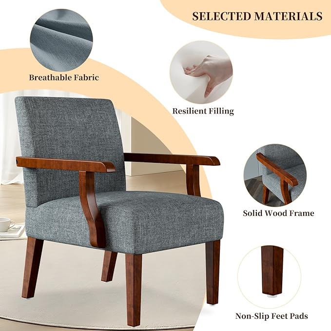 Modern Accent Chairs Set of 2 with Round Side Table Mid-Century Reading Leisure Arm Chair Fabric Upholstered with Solid Wood Armchair for Living Room Bedroom Office Apartment (Grey)