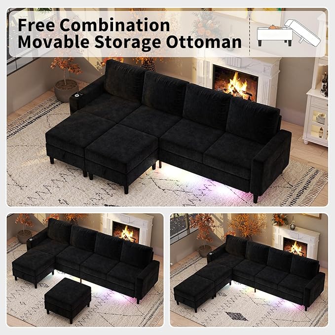 Sectional Couches for Living Room 6 Seat Chenille Sectional Sofa with Smart Module-Wireless Charging/USB/Type-C/RGB Light U Shaped Couch with 2 Movable Storage Ottomans (Black)