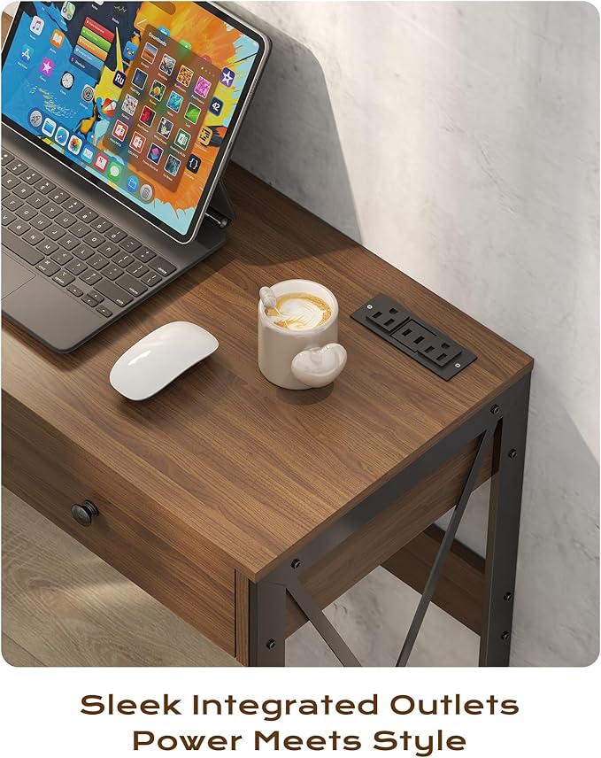 Manora Computer Desk with Power Outlet and USB Ports 31.5” Writing Desk with 2 Drawers Small Home Office Desk with Metal Frame for Bedroom Study or Dorm (Rustic Brown)