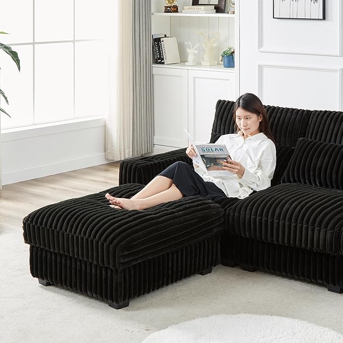 Yoglad 128'' L Shaped Modular Sectional Sofa Cozy Oversized Corduroy Couch with Cup Holders and Charging Port 4-Seater Sofa with Ottoman for Livingroom Apartment Office (Black)