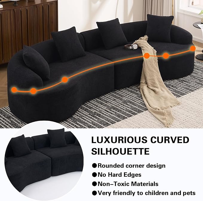 110 Black Curved Boneless Couch with Cushions Modern Cloud Sofa for Living RoomChenille Sectional Minimalist Deep Seat Luxurious No Assembly