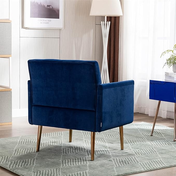 Modern Velvet Accent Chair Living Room Bedroom Leisure Single Sofa Chair (with Gold Metal feet) TV armrest seat Suitable for Small Space Home Office Coffee Chair (Blue)