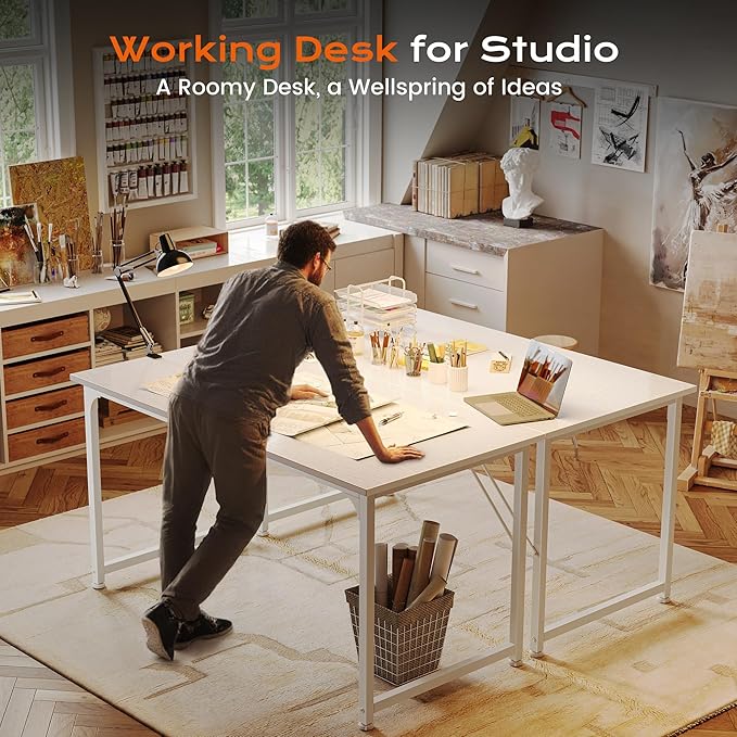 PRAISUN 48 X 24 Inch Computer Desk with Deeper Desktop Gaming Office Writing Work Desk for Home Office Study Bedroom Work from Home Metal Frame White