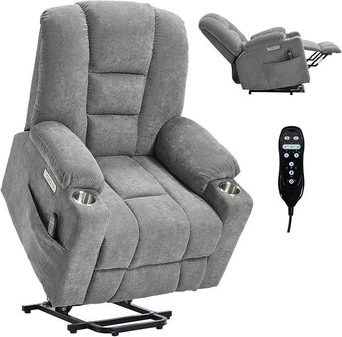 Power Lift Chair with Massage &amp Heat Electric Recliner Chairs for Adults Remote Control Sofa for Living Room Standing Assistance USB Ports Stainless Steel Cup Holders (Light Grey)