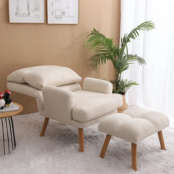 Accent Chair with Ottoman SetFabric Armchair with Wood Legs and Adjustable High BackrestUpholstered Lounge Chair for Living RoomBedroomReading Room and Study (Beige)
