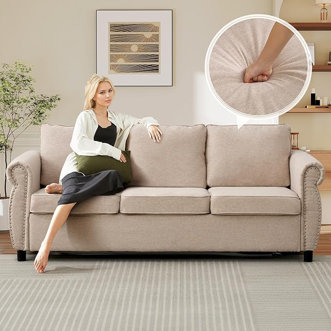 Queen Pull Out Sofa Bed 2-In-1 Pull Out Couch Bed with Memory Foam Mattress &amp Riveted Rolled Armrests 3 Seater Convertible Sleeper Sofa Foldable Couch for Living Room Bedroom Apartment(Beige)