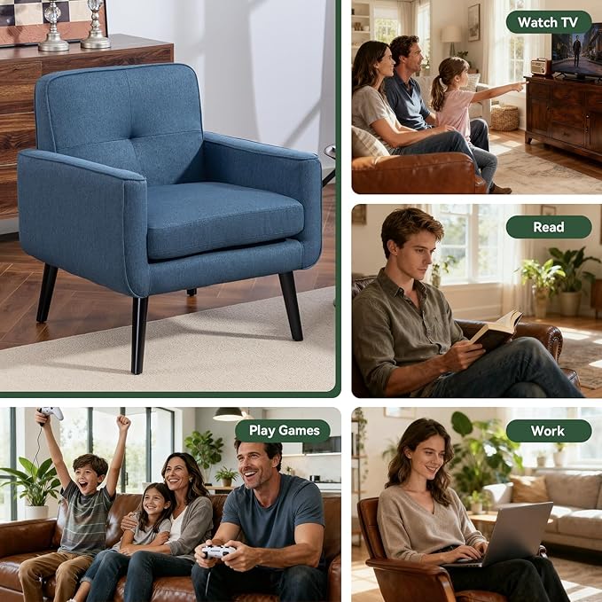 Mid Century Accent Chair Fabric Modern Chair with Wooden Frame Cozy Armchair Reading Chair with Comfy Back for Apartment Living Room Bedroom Waiting Room Small Space Corner Blue