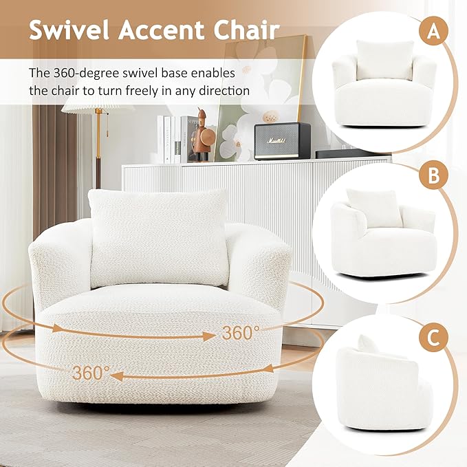Oversized Swivel Accent Chair - 360° Rotating Barrel Chair with Boucle Fabric &amp Ergonomic Armrests for Living Room Office (Beige)