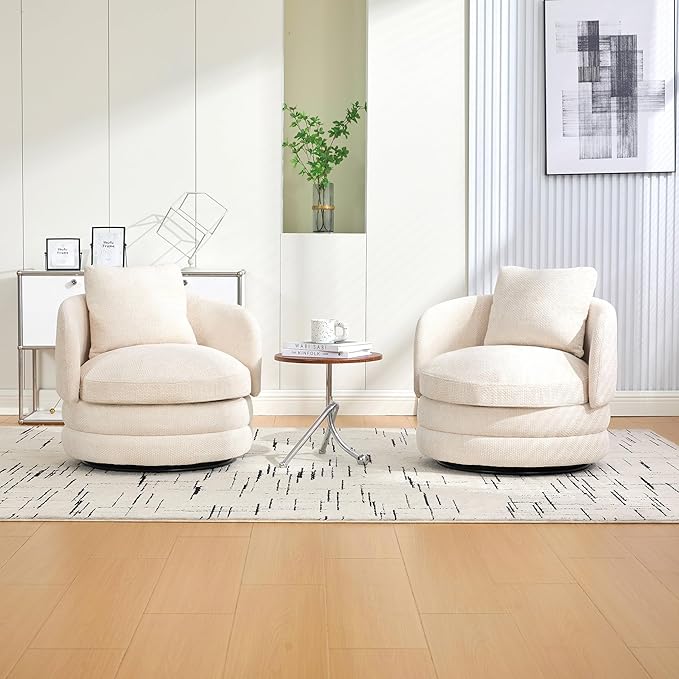30 W Modern Round Swivel Barrel Accent Chair with Pillow Chenille Upholstered Single Club Sofa Chair for Living RoomBedroom Reading Room Balcony Lounge (Beige)