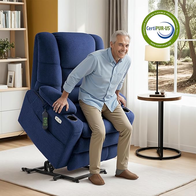 MCombo Large Triple Motor Power Lift Recliner Chair with Massage and Dual Heating Adjustable Headrest for Big and Tall Elderly People Fabric R7524 (Navy Blue Medium-Oversize)
